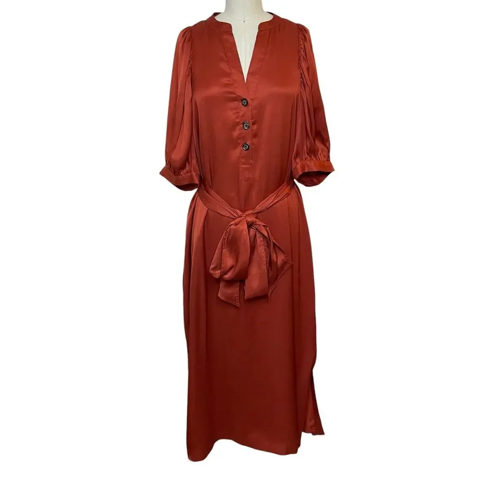 Ann Taylor Puff Sleeve Tie Waist Shirtdress In Bronze Red V-Neck Size Small - Picture 5 of 14
